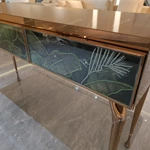 Rose Gold Console Table with Jeweled Botanical Panels and Sculptural Cabriole Legs